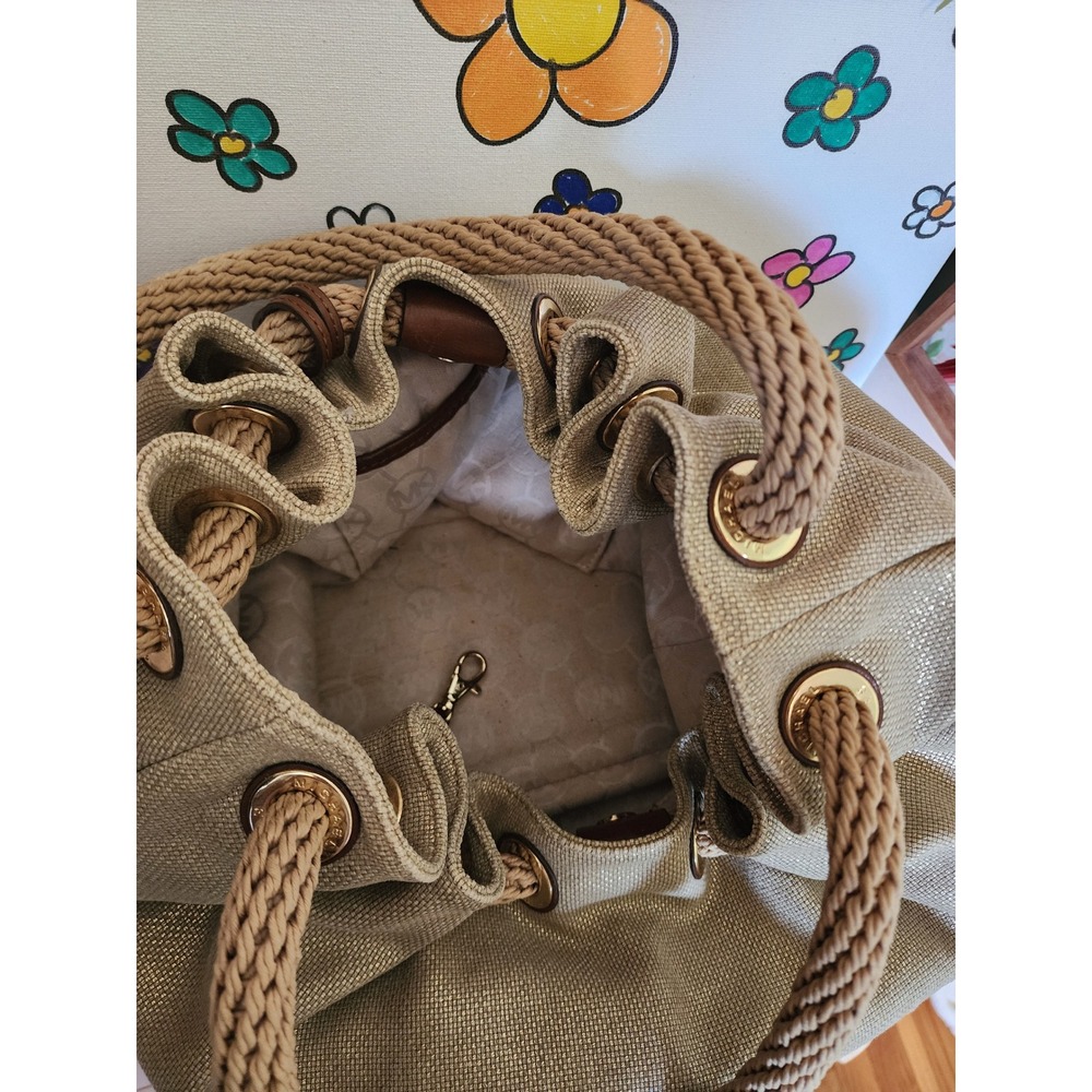 Michael Kors Marina Large Drawstring Tote Metallic Gold Rope Handle Hobo MK - Picture 6 of 16